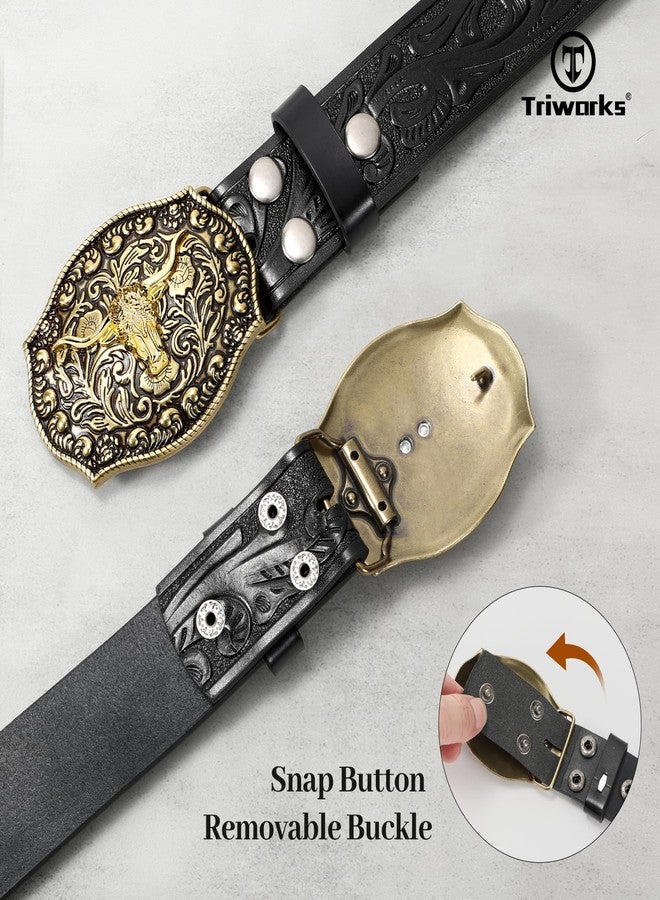 TRIWORKS Mens Western Cowboy Belt Cowgirl Embossed Leather Belt with Floral Engraved Buckle - Image 5